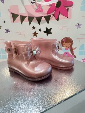Girls Pink Glitter Bow Rain Boots